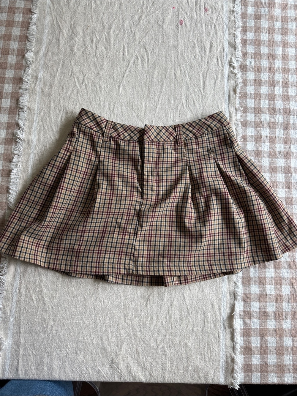 Divided Beige Plaid Pleated Mini Skirt with Red & Navy Check